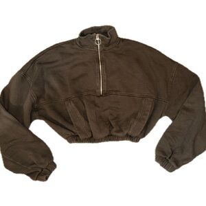 Pull & Bear Women’s XS Dark Brown Crop Quarter Zip-Up Sweatshirt